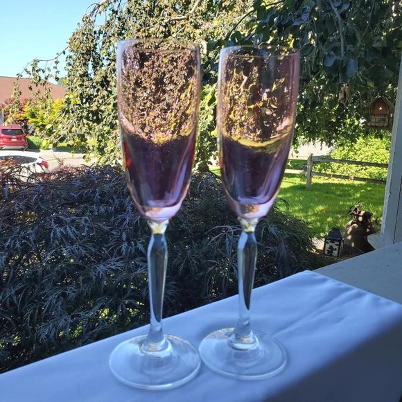 Pier 1 Iridescent Rose Pink Champagne Flutes Set flower stem top - Picture 2 of 9